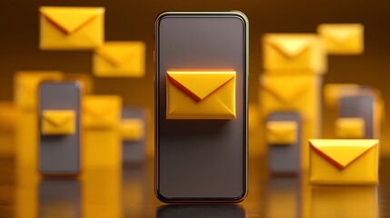 Numerous yellow email envelopes surrounding a central smartphone