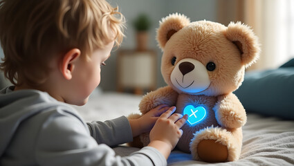 Medical technology A pediatric patient plays with a smart teddy bear that monitors vital signs and connects to a telehealth provider (4)