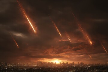 Fiery Meteor Shower Over City Sunset