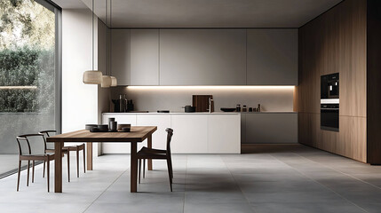 A polished wooden dining table in a clean and minimalist kitchen with warm tones