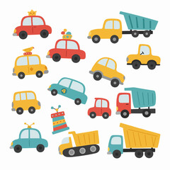 A colorful collection of cute cartoon cars and trucks for children's illustrations.