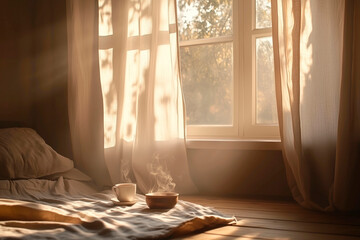 Peaceful morning scene futon window breakfast coffee soup Soft light warm muted tones minimal cozy style serene Korean inspired atmosphere  lifestyle unique aesthetic background. Generative Ai content