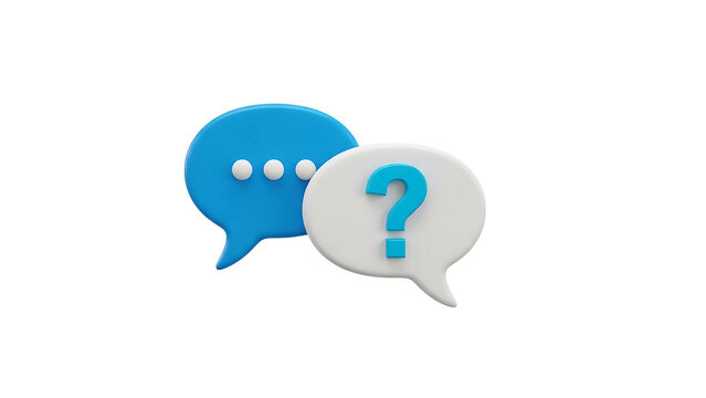 A survey chat speech bubbles with question mark symbol. Clarification, question, FAQ, QA concept. Survey reaction 3d icon illustration isolated on transparent background
