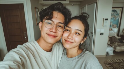 Young Southeast Asian couple taking holiday selfie in modern hotel room, minimalist decor