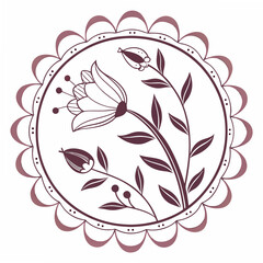 Delicate floral illustration with blooming flowers and leaves enclosed within a scalloped circular frame