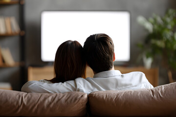 Naklejka premium Back view of a couple watching tv in a couch at home. Blank screen view