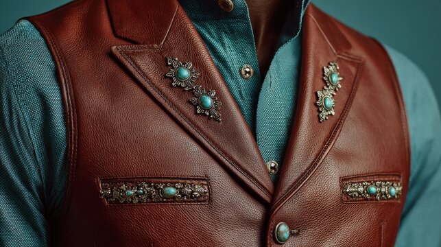 Close-up of tailored leather vest with Hopi concho buttons and turquoise