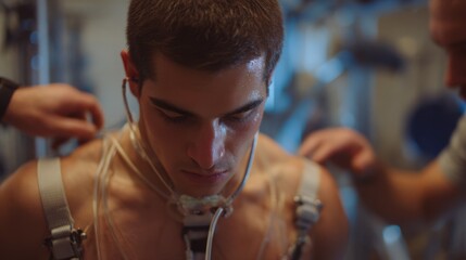 Medium shot showing an astronaut candidate undergoing physical endurance testing face and body details clear while gym equipment and instructors fade into bokeh.
