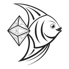 Stylized angelfish with geometric diamond shape on its body in black and white outline