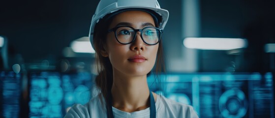 Confident female engineer wearing glasses and a hard hat stands in a high-tech control room with digital screens in the background