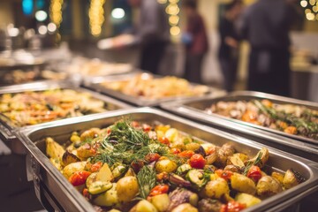 Obraz premium A colorful buffet spread with roasted vegetables and festive lighting, with people serving themselves in the background