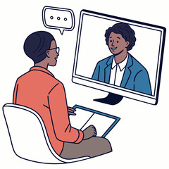 Two people having a video call conversation with a speech bubble indicating communication and discussion