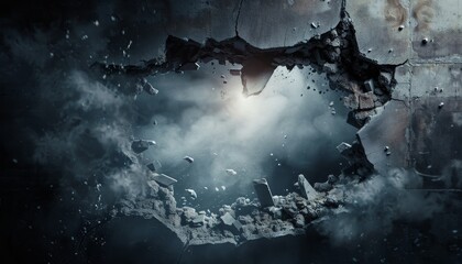 A hole in a concrete wall from an explosion.