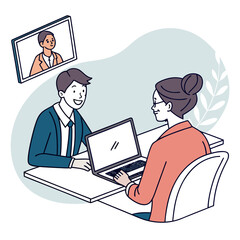 Two business professionals having a meeting with a third person appearing on a screen