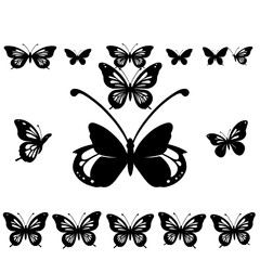 a collection of black butterfly silhouettes arranged on a white background