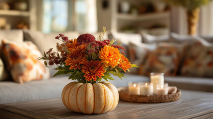 autumn bouquet in the living room, decor with flowers and pumpkins