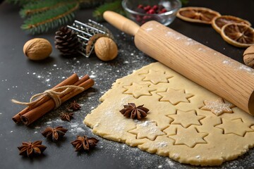 Cozy Winter Baking Scene with Cookie Dough, Rolling Pin, and Holiday Ingredients on Table