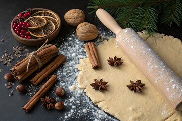 Rolling Pin and Baking Ingredients on Black Surface for Festive Baking and Cooking