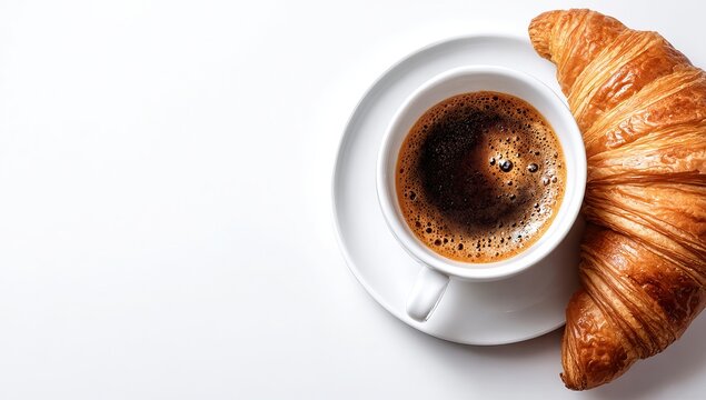 Photo of a cup and croissant on a white background, top view. Web banner with copy space on the right for text or logo.