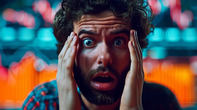A distressed young man expresses frustration as he confronts overwhelming financial data, highlighting the emotional impact of financial stress and uncertainty.