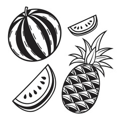 Stylized black and white line art illustration of a whole watermelon two watermelon slices and a pineapple