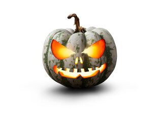 A lit green, white and orange spooky halloween pumpkin, Jack O Lantern with evil face and eyes isolated against a transparent background