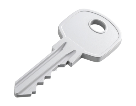 Floating White 3D Digital Key Icon with Glow Effect, Isometric View, isolated on transparent background