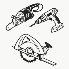 Black and white illustration of a cordless drill circular saw and electric chainsaw on a white background