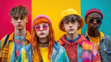 Group of diverse teenagers with unique fashion, standing against a colorful background