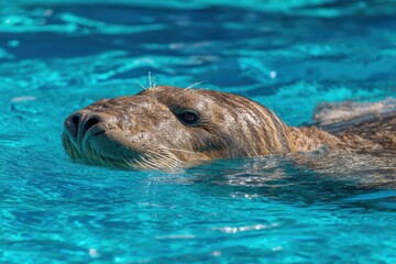 A seal swims gracefully in clear blue water, its head partially above the surface and whiskers visible in the sunlight