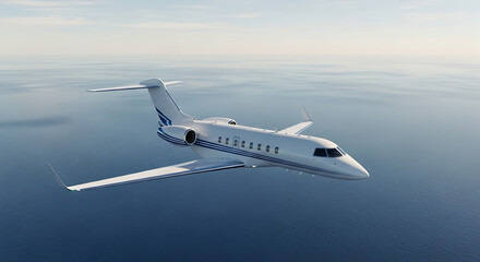 Obraz premium Private Jet in Flight Over Ocean White with Blue Stripes 1.