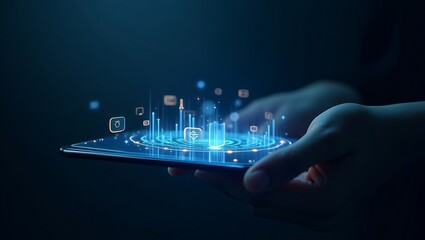 Concept of digital transformation and business innovation with a holographic interface projecting data analytics from a tablet.