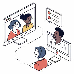 Diverse group of people communicating and collaborating remotely through video calls and online chats