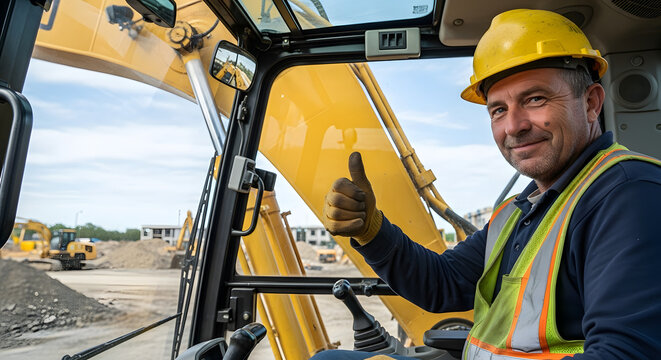 A smiling construction worker in a hard hat gives a thumbs-up from the cab of an excavator.