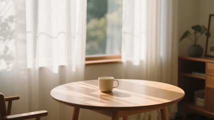Sunlight filters through the curtains into the room, and a cup sits on the round table, creating a quiet and leisurely home atmosphere.