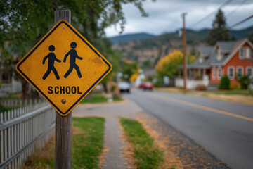 Panneau de signalisation jaune dans une zone scolaire urbaine, illustrant la prudence des automobilistes &agrave; l&rsquo;approche de passages pi&eacute;tons ou d&rsquo;enfants sur la voie publique