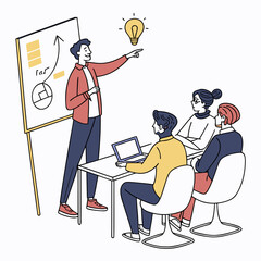 A business presenter points to a lightbulb above a whiteboard with charts and diagrams to his attentive team