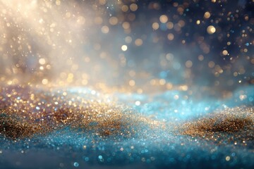 Sparkling gold and blue glitter with bokeh lights creates a magical, dreamy, and festive atmosphere in this abstract background