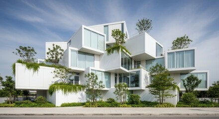 Contemporary deconstructed architecture featuring white cubic volumes, large windows, and lush greenery.