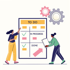 Two women collaborating on a kanban board to manage tasks and track project progress