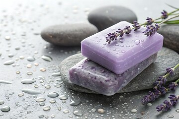 Lavender Soap on Wet Stones with Drops of Water and Fresh Lavender Sprigs Nearby