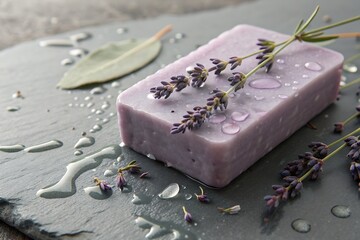 Lavender Soap on Slate Surface with Water Droplets and Fresh Lavender Sprigs