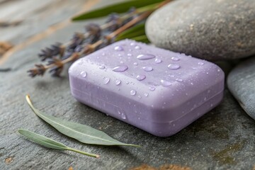 Purple Soap Bar with Water Droplets and Natural Elements on a Slate Surface