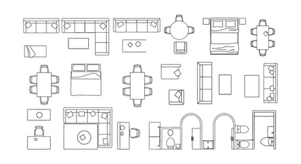 A comprehensive array of minimalist line art architectural symbols and furniture elements, ideal for designing detailed interior layouts and floor plans.