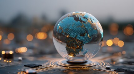 A glowing digital globe hovers over a circuit board, blending technology and global connectivity with futuristic lighting and focus on Africa