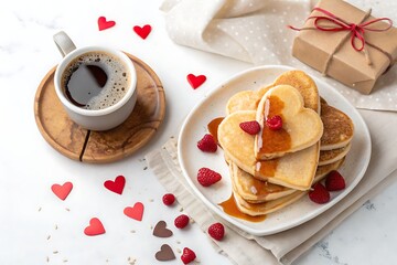 Sweet Heart-Shaped Pancakes with Fresh Berries and Coffee for a Romantic Breakfast
