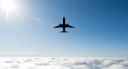 Silhouette of a Passenger Airplane Flying Above Clouds.