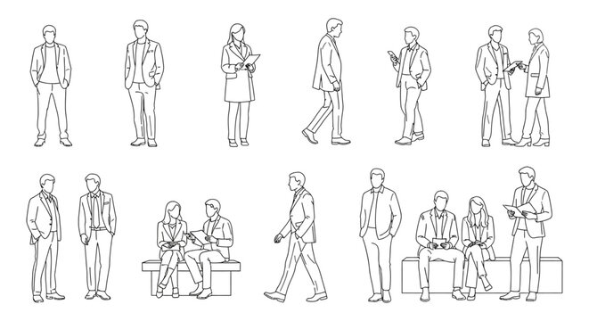 Minimalist line art illustrations of diverse people in various standing, walking, and sitting poses, perfect for architectural drawings and graphic design elements.