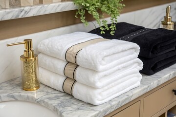 Luxurious Soft Bath Towels Stacked on Marble Countertop with Elegant Bathroom Accessories