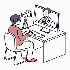 Person sitting at a desk using a computer and camera for online communication or content creation